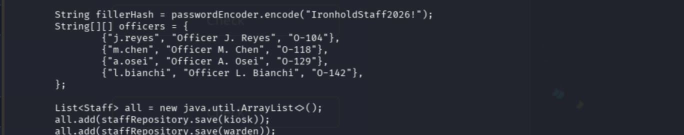 DataSeeder.java revealing seeded officer credentials in plaintext